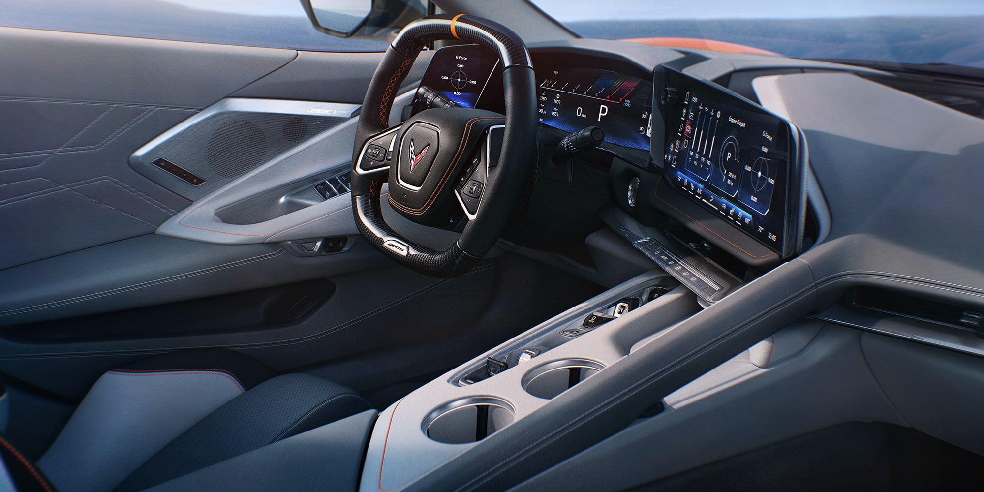 2026 Chevy Corvette Stingray Interior in Sky Cool Gray & Medium Ash Gray with Habanero Accents