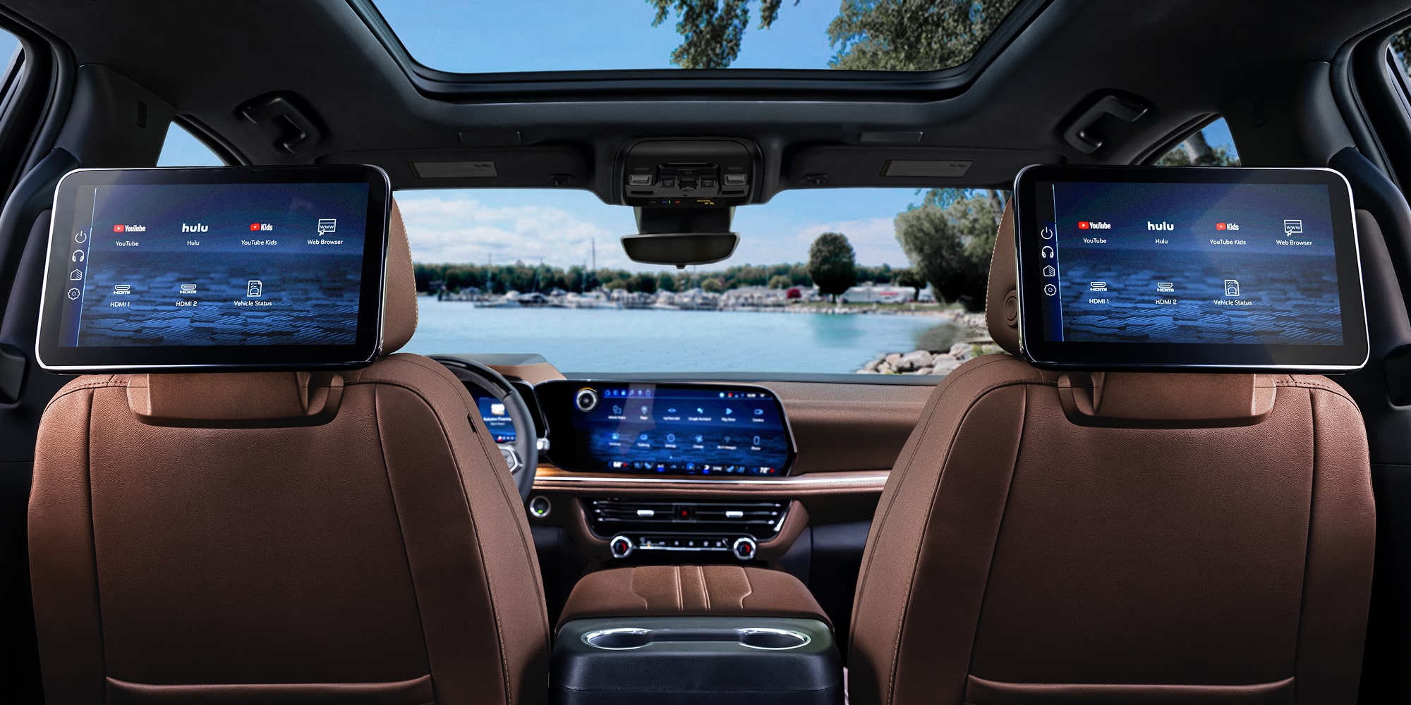 Rear Seat View of the Front Row and the Entertainment Screens on the Back of the Headrests in the 2026 Chevrolet Suburban SUV