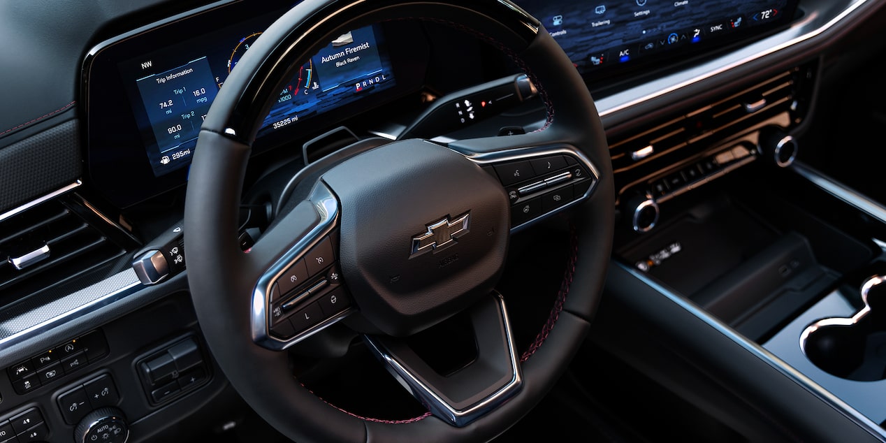Close-up of the 2026 Chevy Tahoe Steering Wheel
