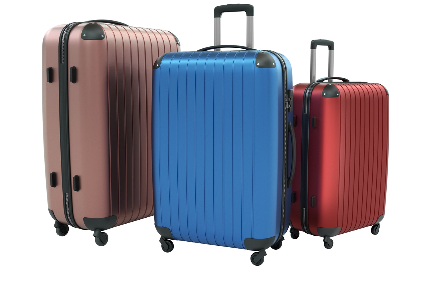 A Pink, Blue, and Red Suitcase Next to Each Other on a White Background