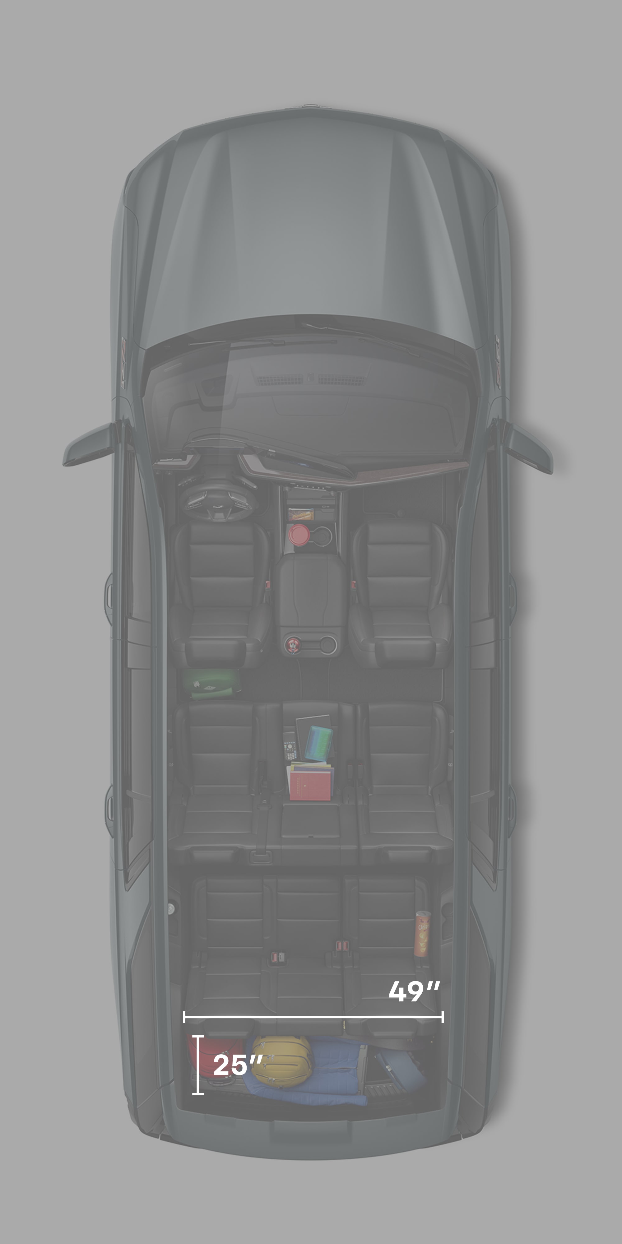 A Top View of the 2026 Chevy Tahoe Interior with All Three Empty Rows and Backpacks in the Trunk