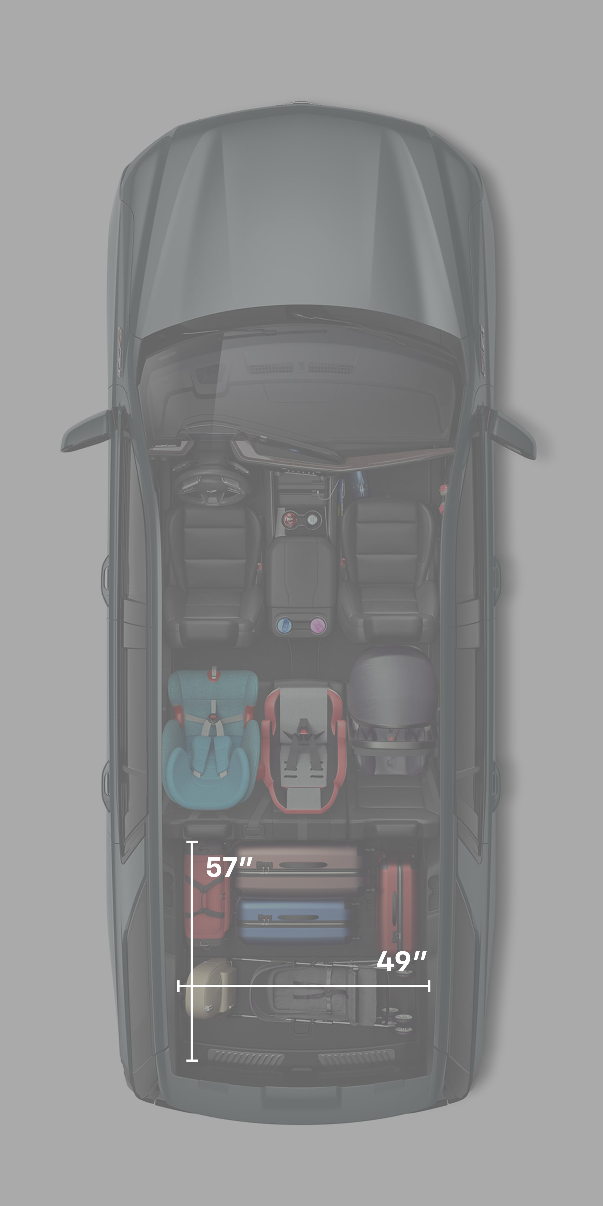 A Top View of the 2026 Chevy Tahoe Interior with Three Car Seats in the Back Seat and the Trunk Full of Luggage