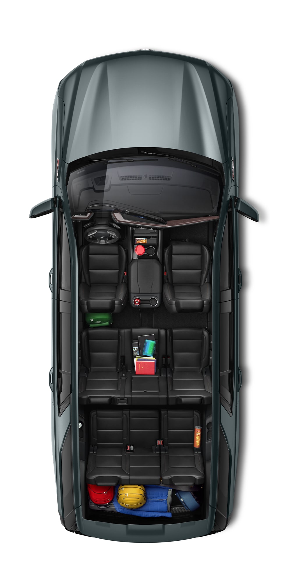 A Top View of the 2026 Chevy Tahoe Interior with All Three Empty Rows and Backpacks in the Trunk