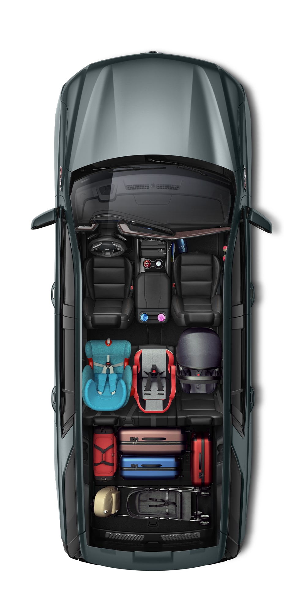 A Top View of the 2026 Chevy Tahoe Interior with Three Car Seats in the Back Seat and the Trunk Full of Luggage